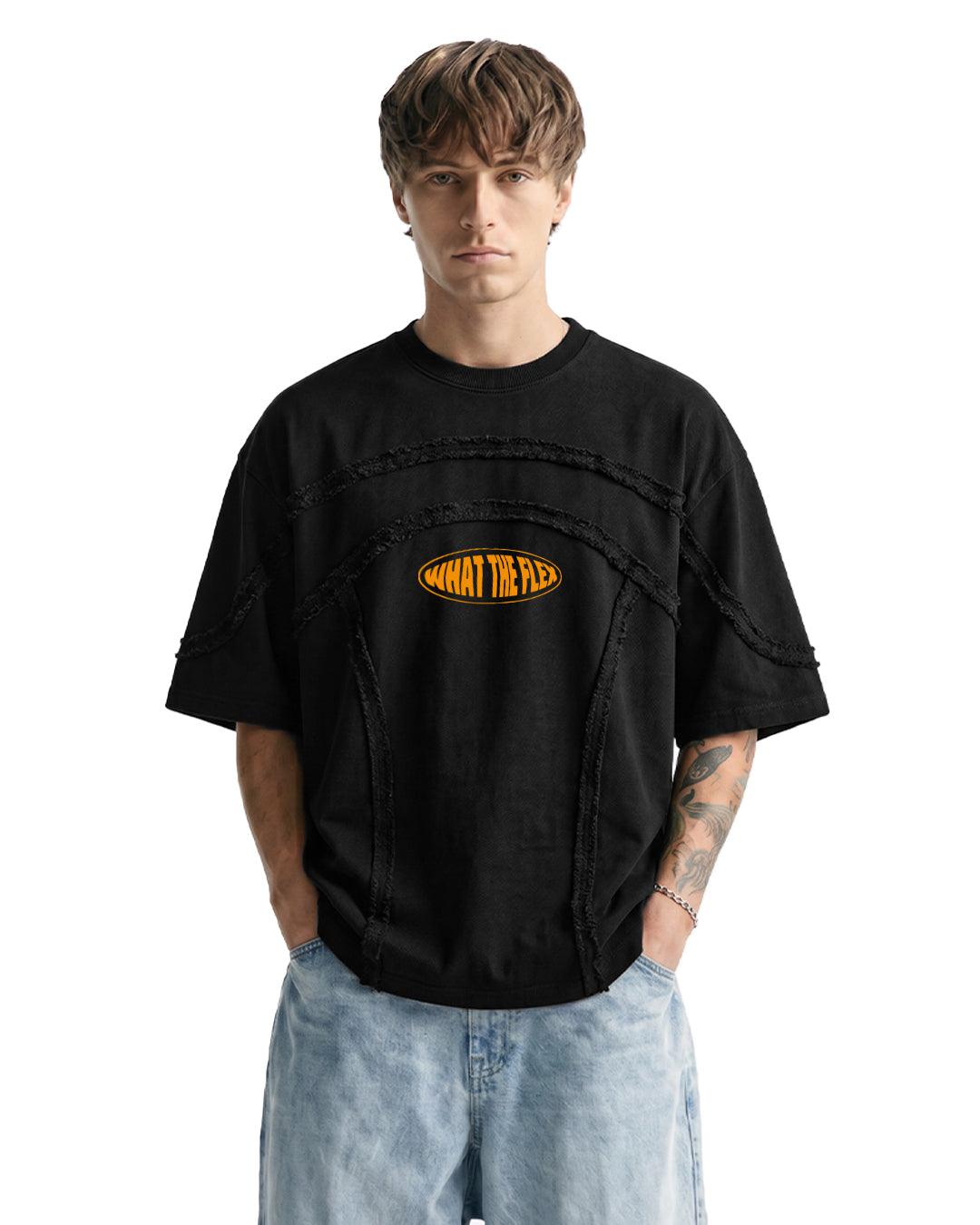 WildFlex Premium Offset Black Denim Oversized Cotton T-Shirt for Men